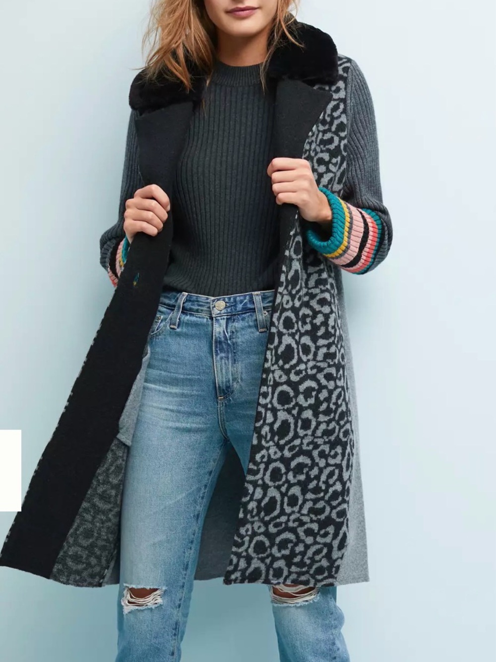 Adore Black & Gray Patterned Teddy Knit Coat with Colorful Stripe Cuffs